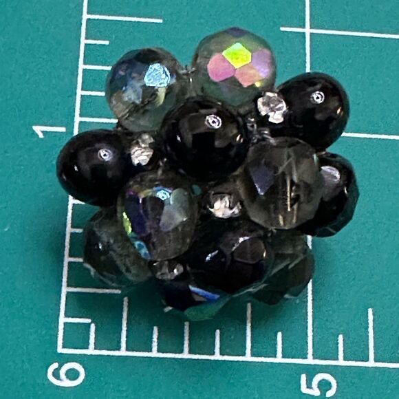 Large Vintage AB black crystal rhinestone cluster clip earrings by Vogue - Picture 13 of 15